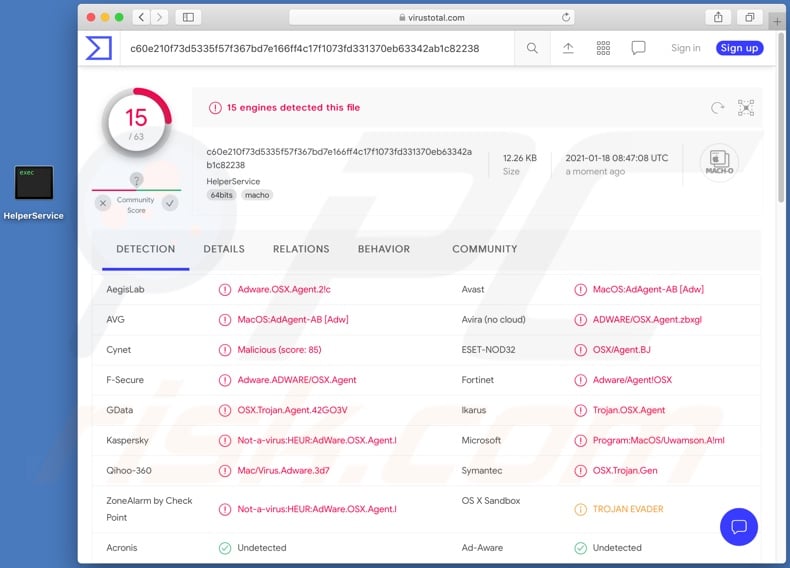 HelperService adware gedetecteerd door VirusTotal