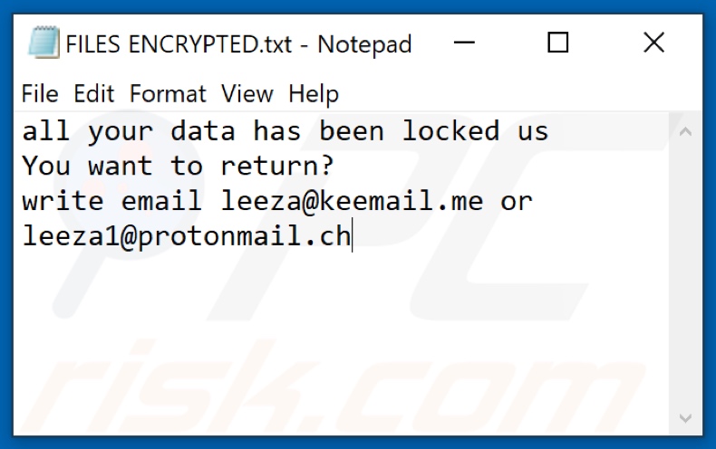 Tekstbestand van de LTC ransomware (FILES ENCRYPTED.txt)