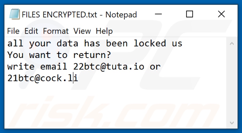Tekstbericht 22btc ransomware (FILES ENCRYPTED.txt)