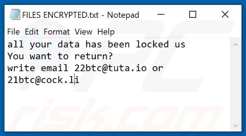 Tekstbericht 22btc ransomware (FILES ENCRYPTED.txt)