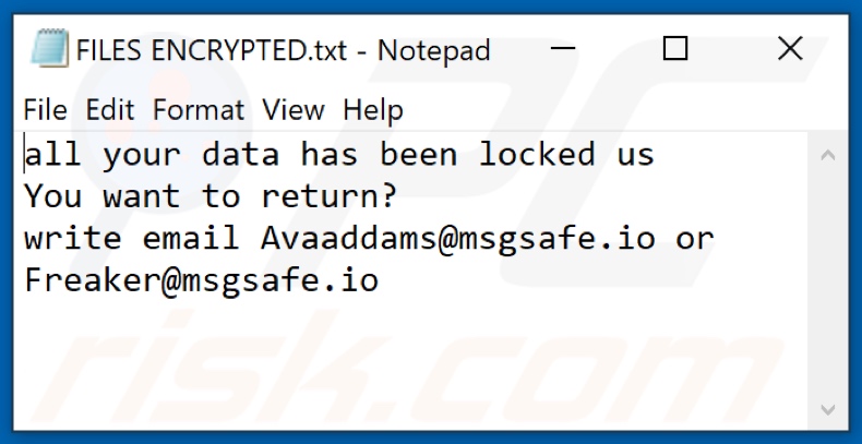 Tekstbestand van de Avaad ransomware (FILES ENCRYPTED.txt)