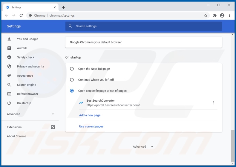 Verwijder bestsearchconverter.com als startpagina in Google Chrome