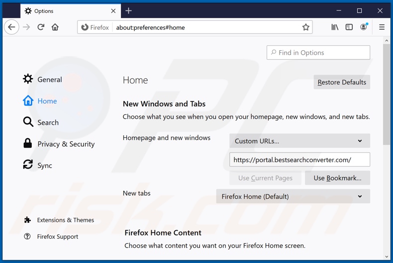 Verwijder bestsearchconverter.com als startpagina in Mozilla Firefox