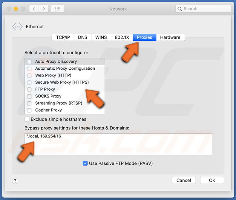 Changing proxy settings - untick all the options and set their settings to default