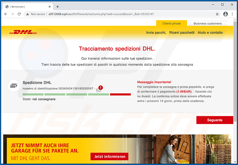 Valse DHL-website gepromoot via Italiaanse variant van DHL Express-spammail