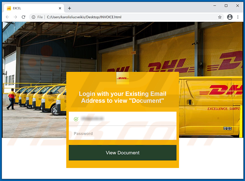 HTML-bestand dat de inlogsite van DHL imiteert die wordt gebruikt voor phishing-doeleinden