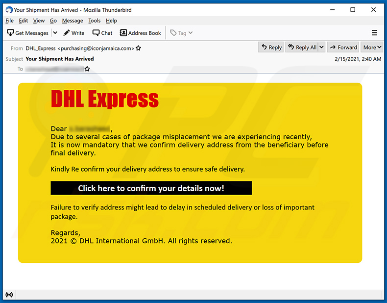 DHL Express spam-e-mail die reclame maakt voor een phishing-site (2021-02-18)