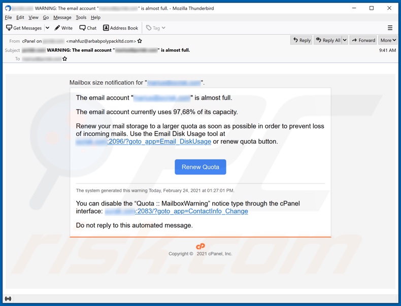 Email Account Is Almost Full spamcampagne