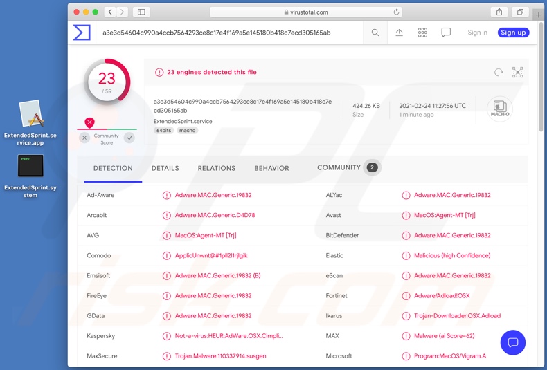 ExtendedSprint adware gedetecteerd door VirusTotal