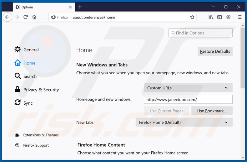 Verwijder janextupd.com als startpagina in Mozilla Firefox