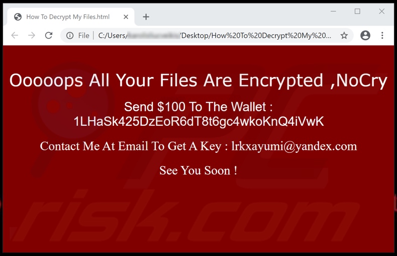 NoCry ransomware html-bestand (How To Decrypt My Files.html)