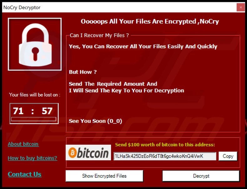 NoCry ransomware losgeldbrief (pop-up)