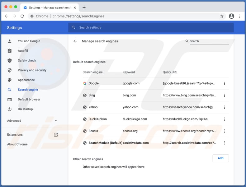 De search.assistivedata.com browserkaper op een Mac-computer