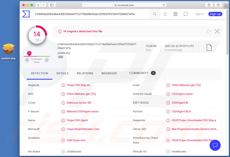 De Silver Sparrow malware - Alternatieve variant die werd gedetecteerd door VirusTotal