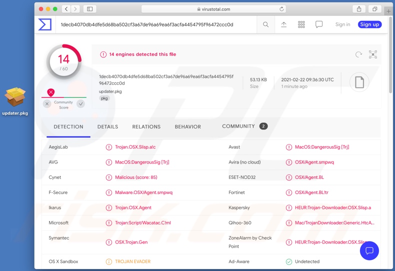 VirusTotal-detectie van een installer met een variant van de Silver Sparrow malware