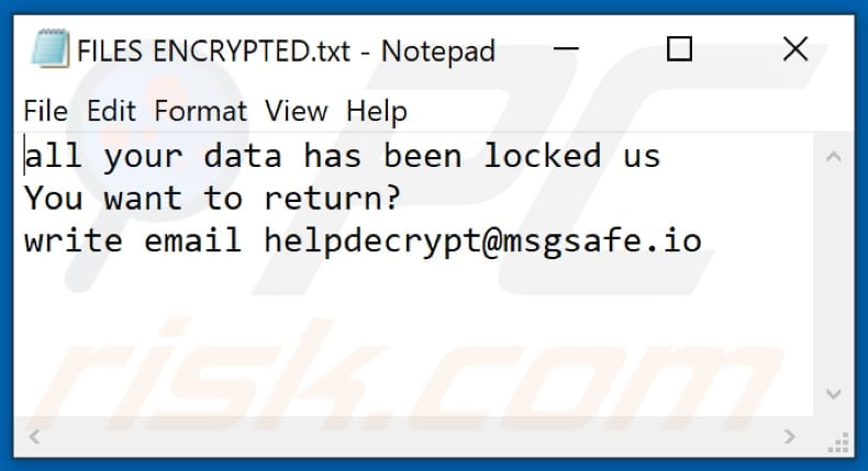 Tekst in het tekstbtestand van ransomware (FILES ENCRYPTED.txt)