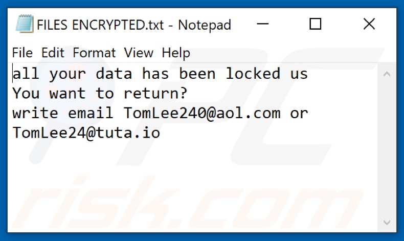 TomLe ransomware tekstbestand (FILES ENCRYPTED.txt)