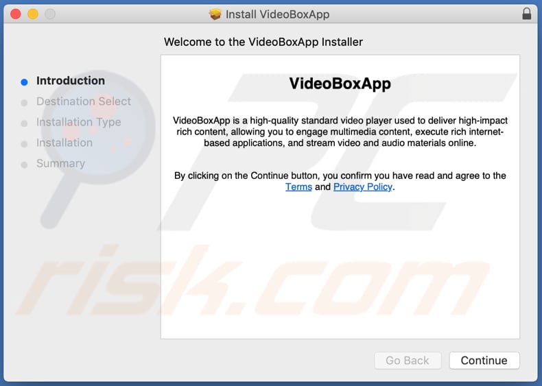 Misleidende installer die VideoBoxApp adware promoot