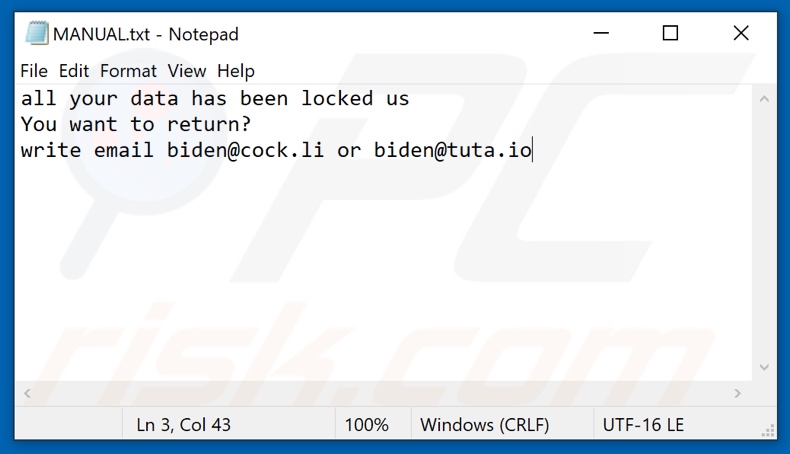 Biden ransomware tekstbestand (MANUAL.txt)