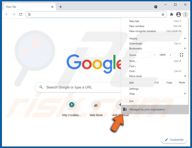 conf search browserkaper voegt beheerd door uw organisatie-functie toe aan Chrome