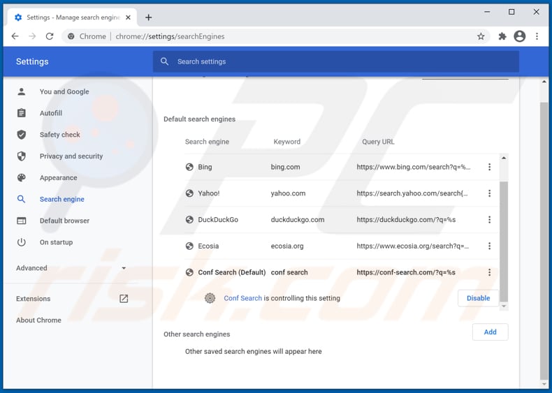 Verwijder conf-search.com als standaard zoekmachine in Google Chrome