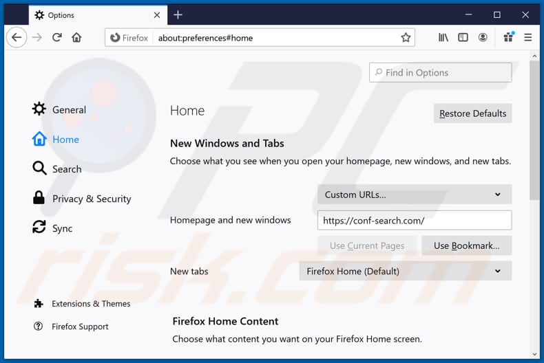 Verwijder conf-search.com als startpagina in Mozilla Firefox