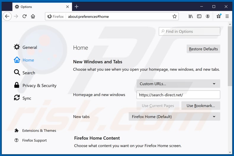 Verwijder search-direct.net als startpagina in Mozilla Firefox