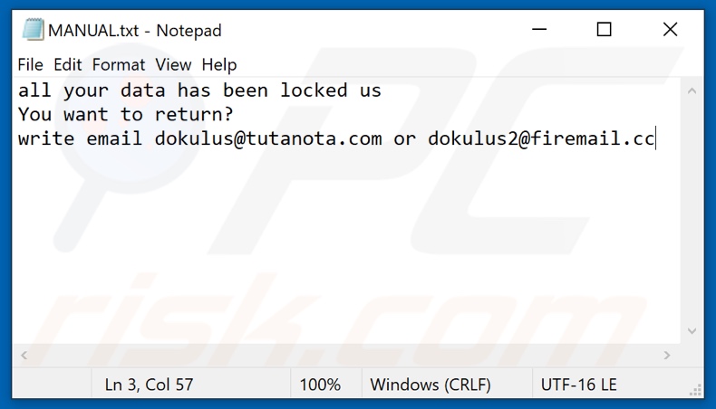Tekstbestand van de Duk ransomware (MANUAL.txt)