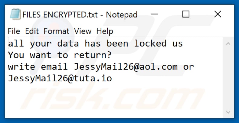 Jessy ransomware tekstbestand (FILES ENCRYPTED.txt)