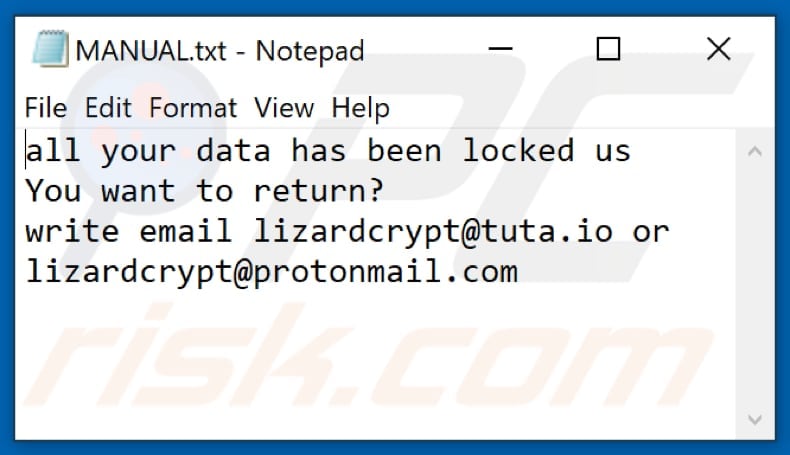 Liz ransomware tekstbestand (Manual.txt)