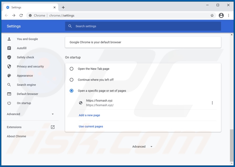 Fxsmash.xyz van de startpagina van Google Chrome verwijderen