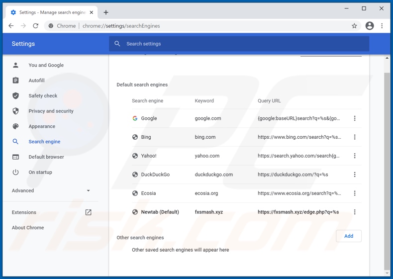 Fxsmash.xyz uit de standaardzoekmachine van Google Chrome verwijderen