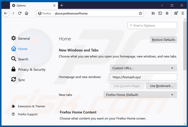 Verwijderen van fxsmash.xyz uit Mozilla Firefox startpagina