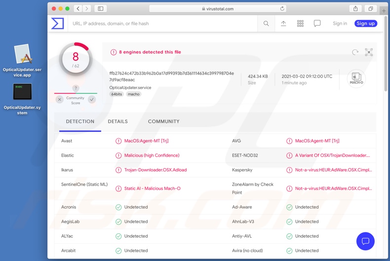 OpticalUpdater adware gedetecteerd door VirusTotal