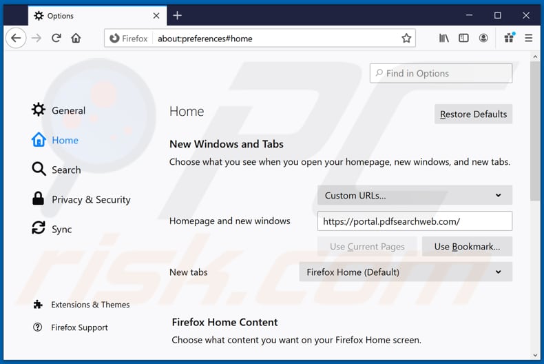 Verwijder pdfsearchweb.com als startpagina in Mozilla Firefox