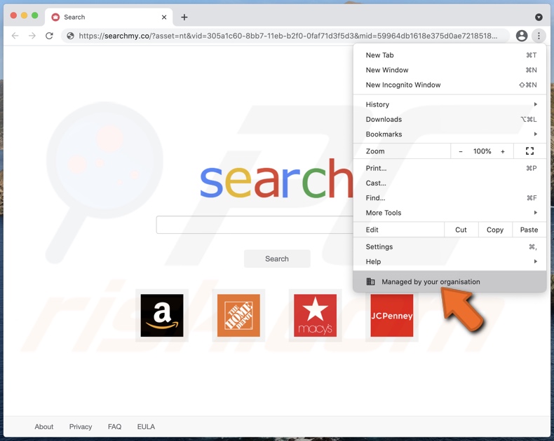 searchmy.co's browserkaper voegt Managed by your organization toe aan Chrome
