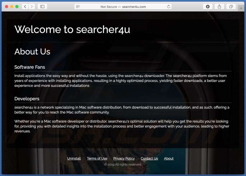 Misleidende website die de searcher4u.com browserkaper promoot