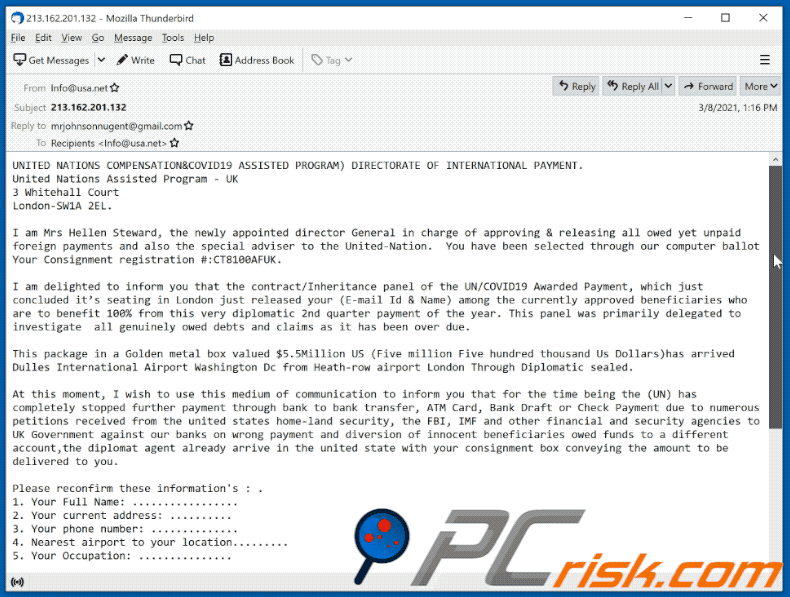 UNITED NATIONS COMPENSATION (COVID19 ASSISTED PROGRAM) Oplichter e-mail verschijning (GIF)