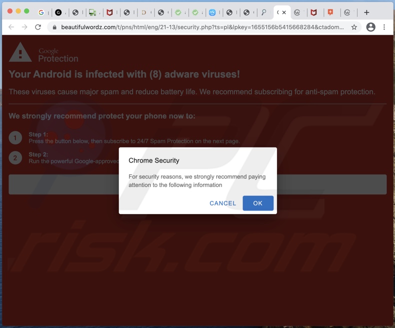 Your Android is infected with (8) adware viruses! oplichting