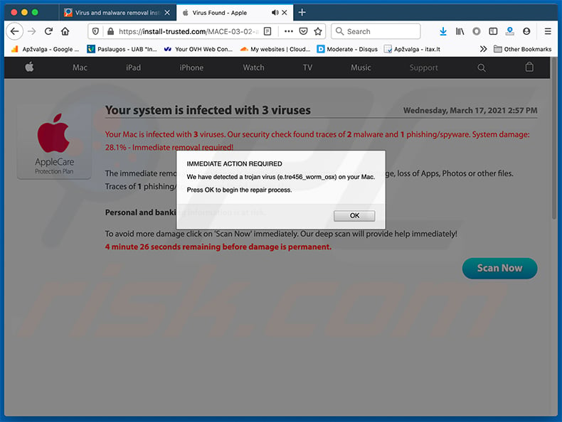 Your System Is Infected With 3 Viruses pop-up scam variant (2021-03-17)