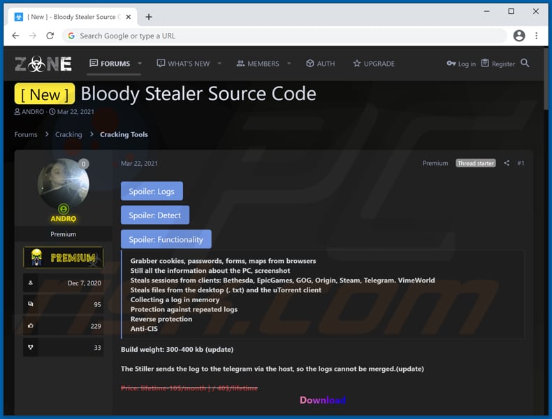 bloody stealer malware te koop op hacker forum