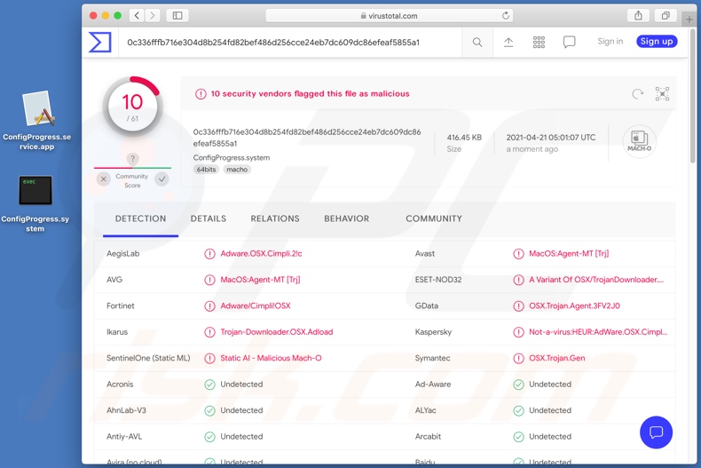 ConfigProgress adware gedetecteerd op VirusTotal