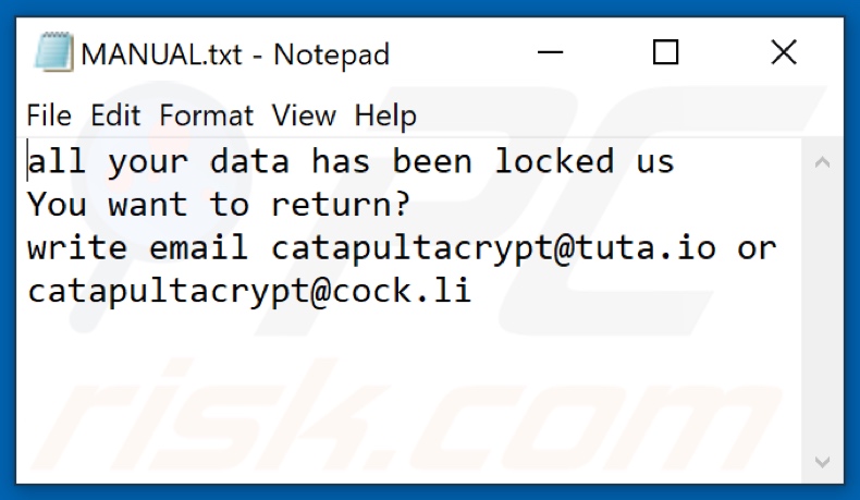 Tekstbestand van de Ctpl ransomware (MANUAL.txt)
