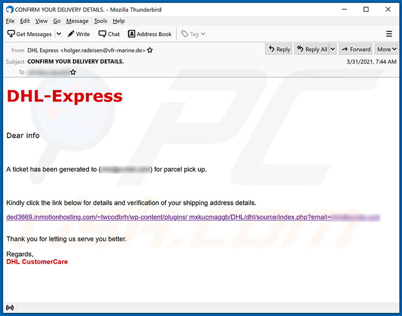 DHL Express-thema spam email het promoten van een phishing-website (2021-04-01)