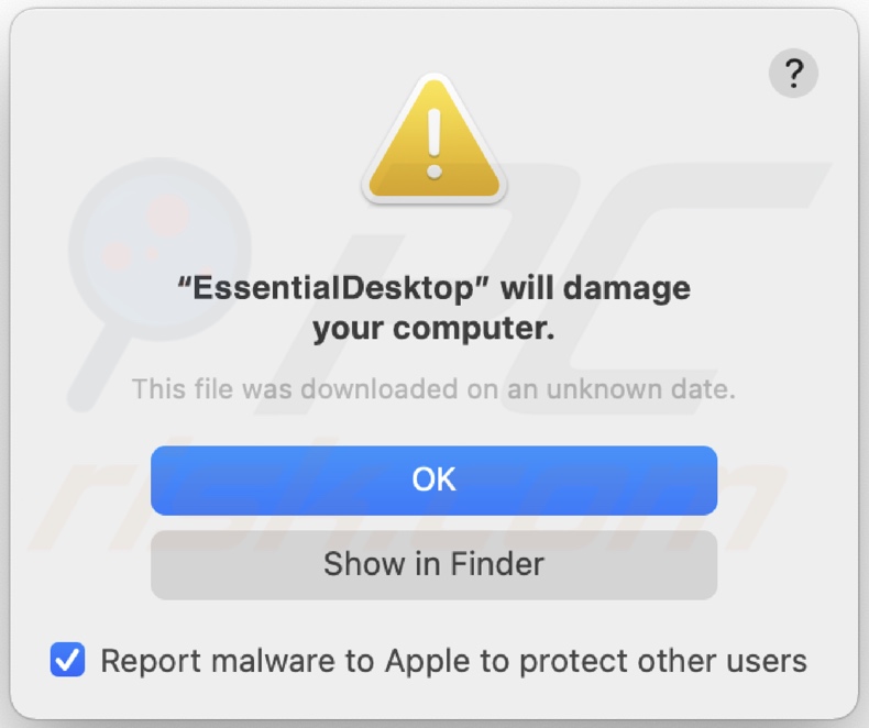 Pop-up weergegeven wanneer EssentialDesktop adware is geïnstalleerd