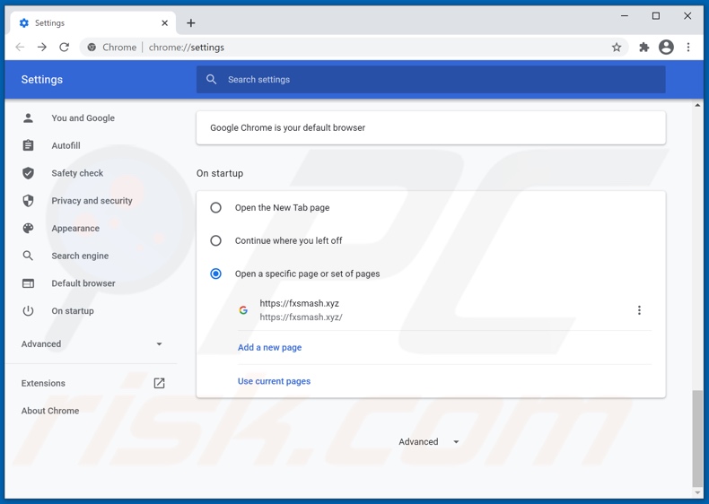 Verwijderen van fxsmash.xyz uit Google Chrome homepage