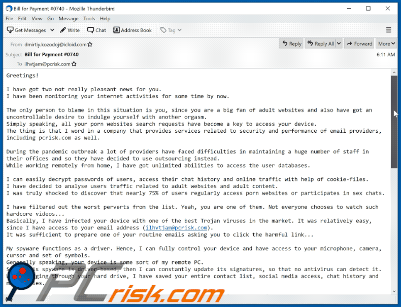 I have got two not really pleasant news for you scam e-mail weergave(GIF):