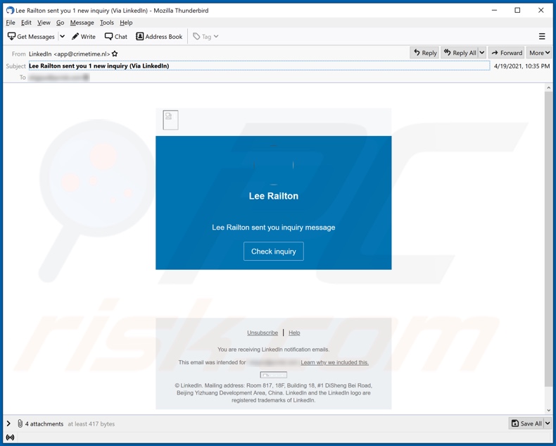 LinkedIn email spam campaigne (onderwerp/titel - Lee Railton heeft u 1 nieuwe aanvraag gestuurd (Via LinkedIn))