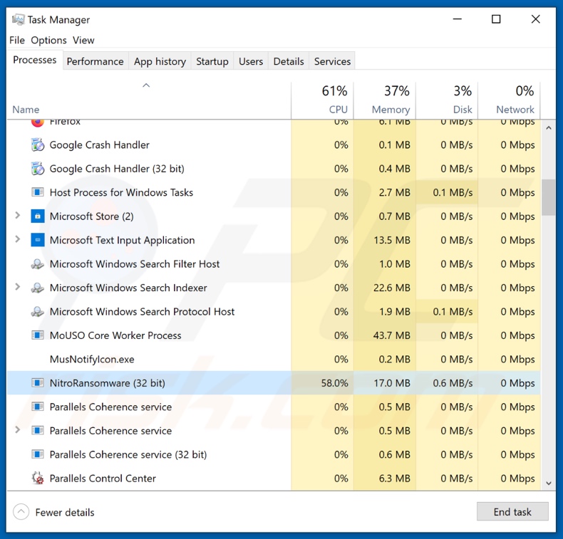 Nitro ransomware proces op Taakbeheer (NitroRansomware - procesnaam)